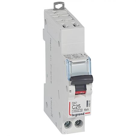 406885Disjoncteur Legrand 25A unipolaire + neutre DX3 - courbe C - 4,5/6kA - AUTO+VIS - 1 module