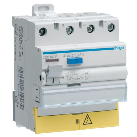 CDC840F Hager Interrupteur différentiel triphasé + neutre 40A 30mA type AC à bornes décalées