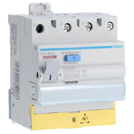 CDC863F Hager Interrupteur différentiel triphasé + neutre 63A 30mA type AC à bornes décalées