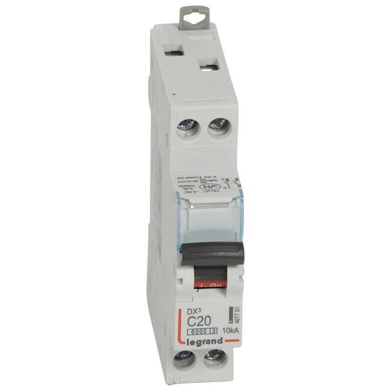 407701 Disjoncteur unipolaire + neutre 20A - 1P+N Courbe C - 6/10kA - À vis - Legrand DX3