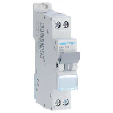 MFN710 Disjoncteur Hager 10A - 1P+N - 3kA - Courbe C - Bornes à vis - 1 module - MFN