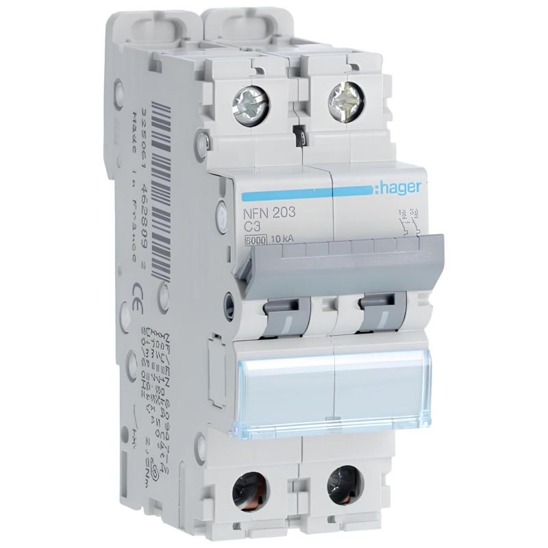 NFN203 Disjoncteur 3A Hager - 2P - 6-10kA - courbe C - Bornes alignées à vis - NFN - 2 modules