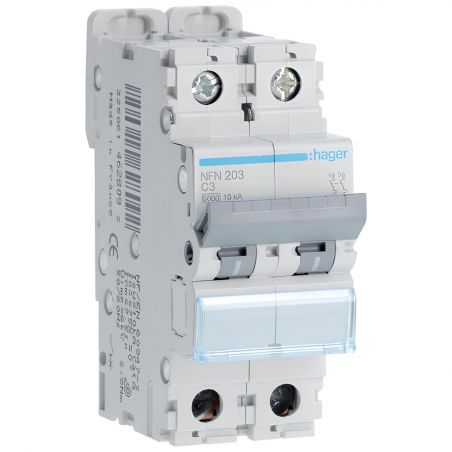 NFN203 Disjoncteur 3A Hager - 2P - 6-10kA - courbe C - Bornes alignées à vis - NFN - 2 modules