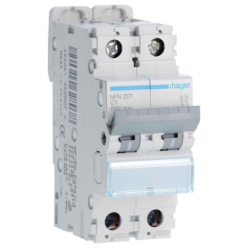 NFN201 Disjoncteur 1A Hager - 2P - 6-10kA - courbe C - Bornes alignées à vis - NFN - 2 modules