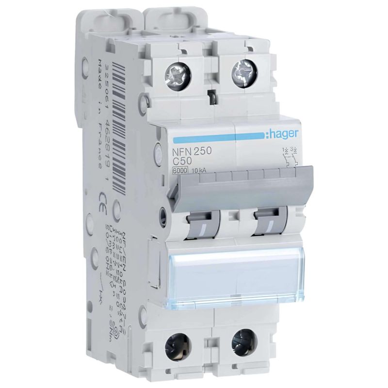 NFN250 Disjoncteur 50A Hager - 2P - 6-10kA - courbe C - Bornes alignées à vis - NFN - 2 modules