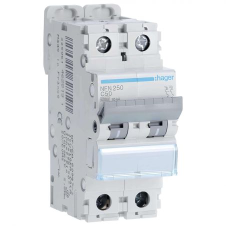 NFN250 Disjoncteur 50A Hager - 2P - 6-10kA - courbe C - Bornes alignées à vis - NFN - 2 modules