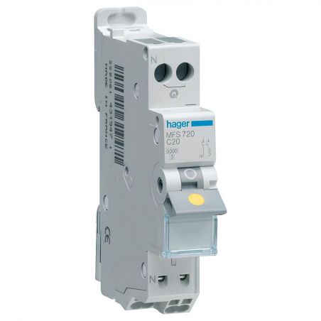 MFS720 Disjoncteur Hager 20A - 1P+N - 3kA - Courbe C - Bornes auto/auto - SansVis - 1 module - MFS