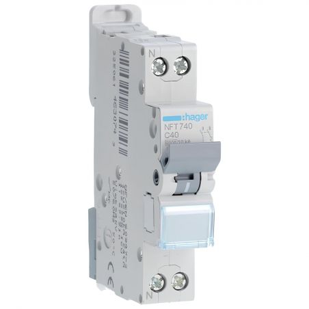 NFT740 Disjoncteur Hager 40A - 1P+N - 6-10kA - courbe C - Bornes décalées à vis - NFT - 1 module