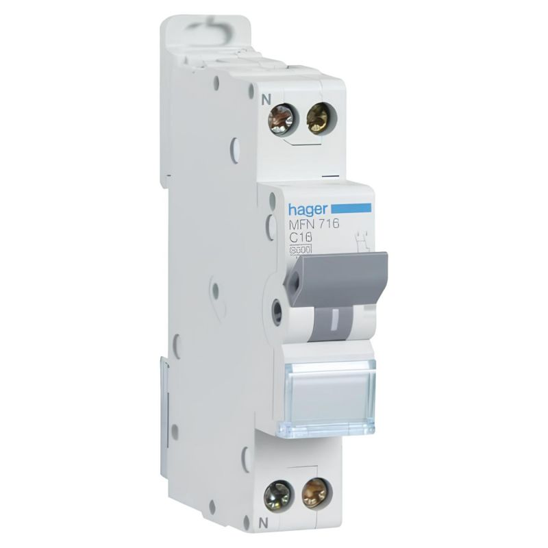 MFN716 Disjoncteur Hager 16A - 1P+N - 3kA - Courbe C - Bornes à vis - 1 module - MFN
