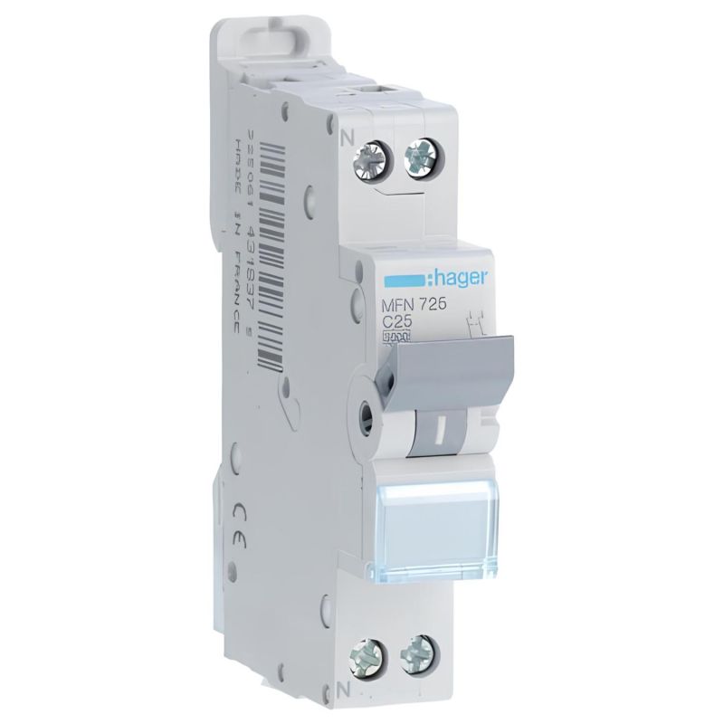 MFN725 Disjoncteur Hager 25A - 1P+N - 3kA - Courbe C - Bornes à vis - 1 module - MFN