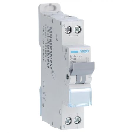 MFN720 Disjoncteur Hager 20A - 1P+N - 3kA - Courbe C - Bornes à vis - 1 module - MFN