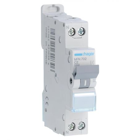 MFN702 Disjoncteur Hager 2A - 1P+N - 3kA - Courbe C - Bornes à vis - 1 module - MFN