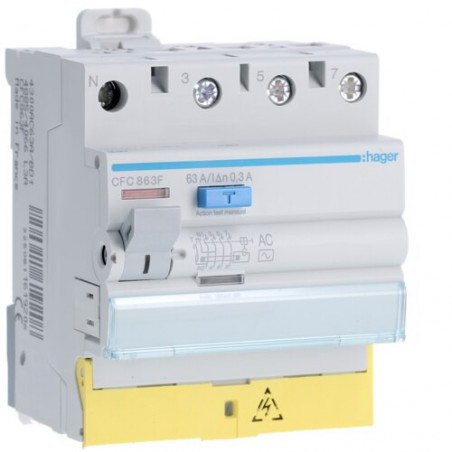 CFC863F Hager Interrupteur différentiel triphasé + neutre 63A 300mA type AC à bornes décalées