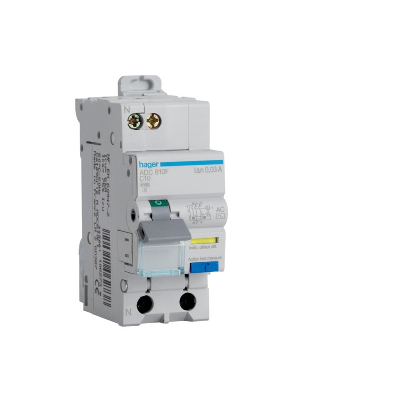 ADC810F Hager Disjoncteur différentiel 1P+N 4.5-6kA courbe C - 10A 30mA type AC