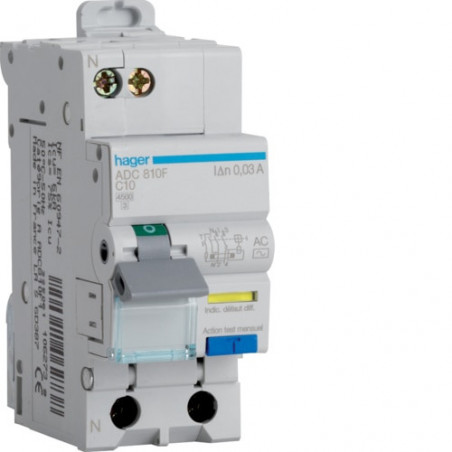 ADC810F Hager Disjoncteur différentiel 1P+N 4.5-6kA courbe C - 10A 30mA type AC