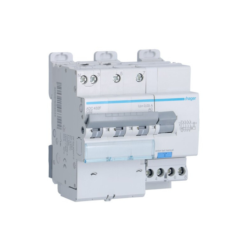 ADC432F Hager Disjoncteur Différentiel triphasé + neutre 6-10kA courbe C - 32A 30mA type AC