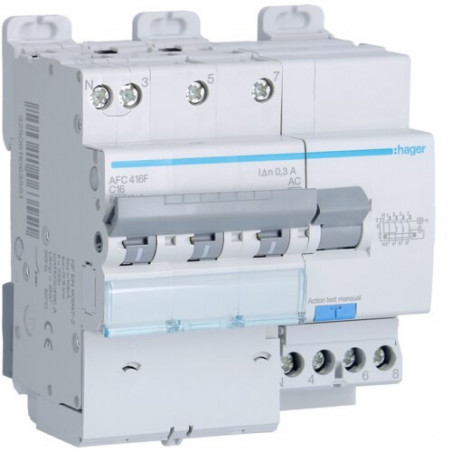 AFC416F Hager Disjoncteur Différentiel triphasé + neutre 6-10kA courbe C - 16A 300mA type AC