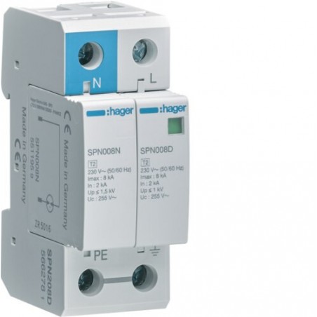 SPN208D Hager - Parafoudre bipolaire de type 2  - 8 kA - report de signalisation