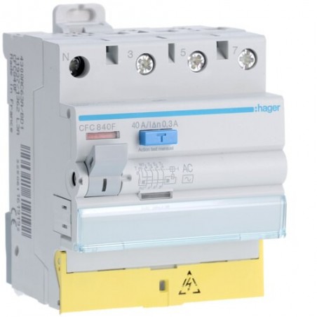 CFC840F Hager Interrupteur différentiel triphasé + neutre 40A 300mA type AC à bornes décalées