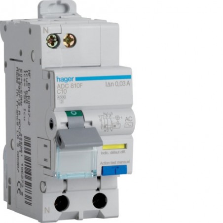 ADC810F Hager Disjoncteur différentiel 1P+N 4.5-6kA courbe C - 10A 30mA type AC