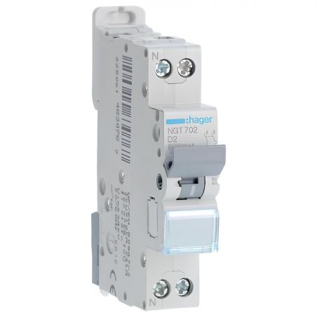 NGT702 Disjoncteur Hager 2A - 1P+N - 6-10kA - courbe D - Bornes décalées à vis - NGT - 1 module