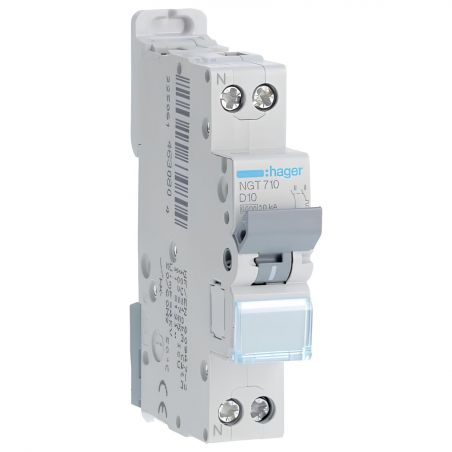 NGT710 Disjoncteur Hager 10A - 1P+N - 6-10kA - courbe D - Bornes décalées à vis - NGT - 1 module