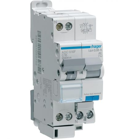 ADC816F Hager Disjoncteur Différentiel 1P+N 4.5-6kA C-16A 30mA type AC