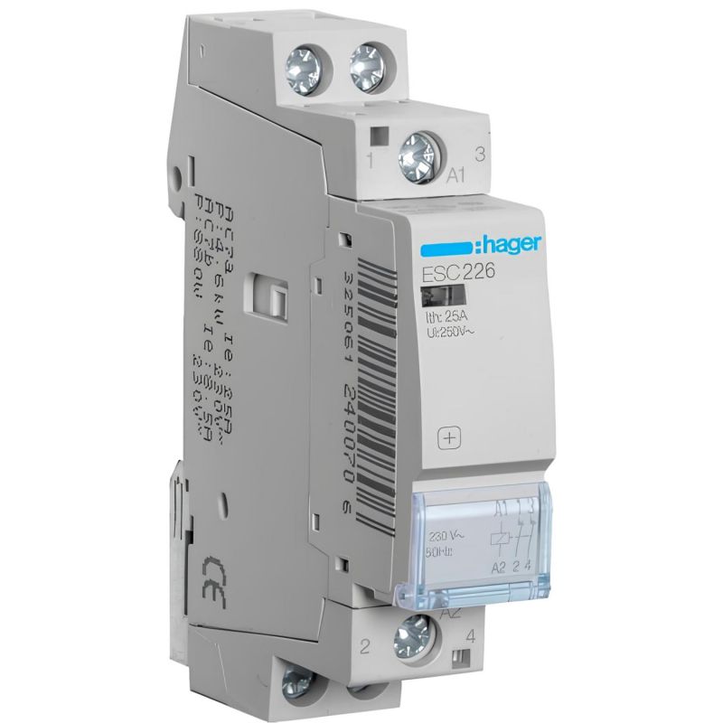 Contacteur Modulaire 2 Pôles 25A - Pour Rail DIN - 2 Contacts NC (Normalement Ouverts/Fermés) - Application éclairage, Chauffage