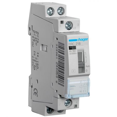 ERC218 Hager Relais à commande manuelle (avec marche forcée) 1NO+1NF - 16A - Bobine 230 Vac - Bornes à vis