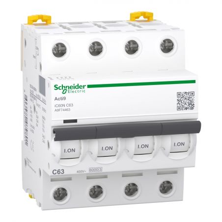 A9F74463 - Disjoncteur tétrapolaire 4P 63A Courbe C - 4 modules - 10kA - Schneider Electric Acti9 iC60N