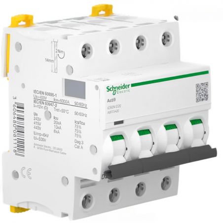 A9F75420 - Disjoncteur courbe D tétrapolaire 20A - 4P - 10kA - À vis - Schneider Electric Acti9 iC60N