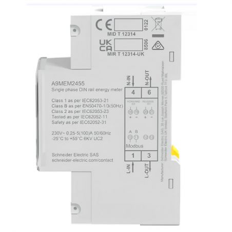 A9MEM2455 Schneider - Compteur électrique 100A - 1P+N - écran LCD - Avec option double tarif - MID - Acti 9