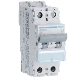 NFN263 Disjoncteur 63A Hager - 2P - 6-10kA - courbe C - Bornes alignées à vis - NFN - 2 modules