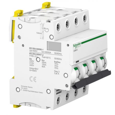 A9F74450 - Disjoncteur tétrapolaire 4P 50A Courbe C - 4 modules - 10kA - Schneider Electric Acti9 iC60N
