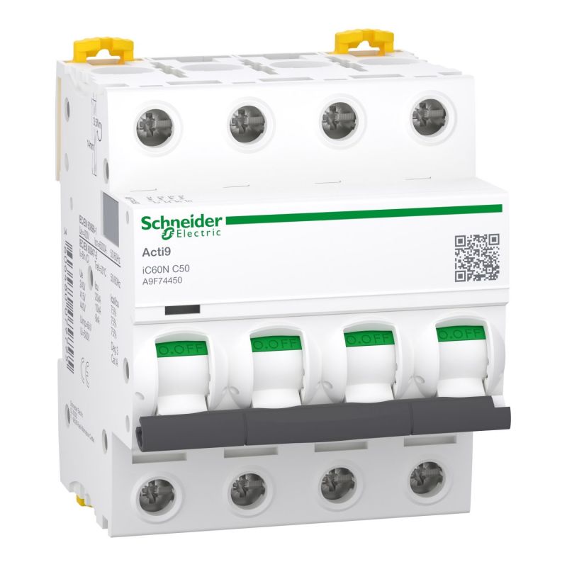 A9F74450 - Disjoncteur tétrapolaire 4P 50A Courbe C - 4 modules - 10kA - Schneider Electric Acti9 iC60N
