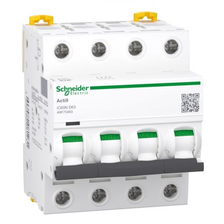 A9F75463 - Disjoncteur courbe D tétrapolaire 63A - 4P - 10kA - À vis - Schneider Electric Acti9 iC60N