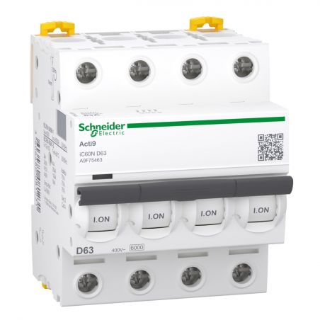 A9F75463 - Disjoncteur courbe D tétrapolaire 63A - 4P - 10kA - À vis - Schneider Electric Acti9 iC60N