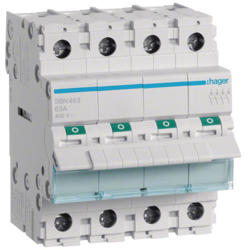 SBN463 Hager Interrupteur sectionneur modulaire tétrapolaire 4P 63A - auxiliarisable - Bornes à vis