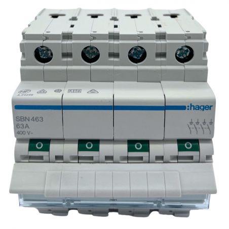 SBN463 Hager Interrupteur sectionneur modulaire tétrapolaire 4P 63A - auxiliarisable - Bornes à vis
