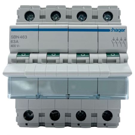 SBN463 Hager Interrupteur sectionneur modulaire tétrapolaire 4P 63A - auxiliarisable - Bornes à vis