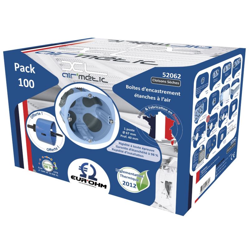 52062 EUR'OHM Pack 100 boites d'encastrement étanches AIR'metic 1 poste Ø67/68x40mm pour cloisons sèches + 1 scie cloche