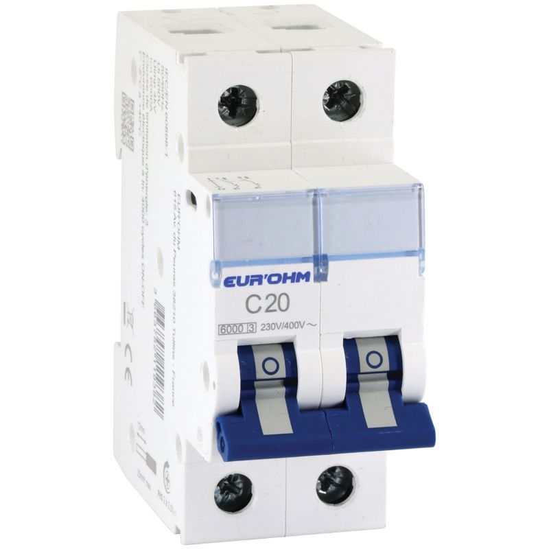20326 EUR'OHM Disjoncteur 2P 20A courbe C connexion vis/vis 6kA NF