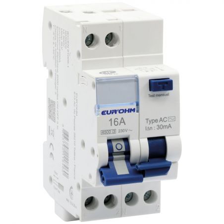 24016 EUR'OHM Disjoncteur différentiel 16A 1P+N courbe C 30mA connexion haut/bas vis type AC NF