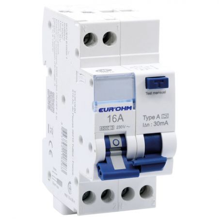 24116 EUR'OHM Disjoncteur différentiel 16A 1P+N courbe C 30mA connexion haut/bas vis type A NF