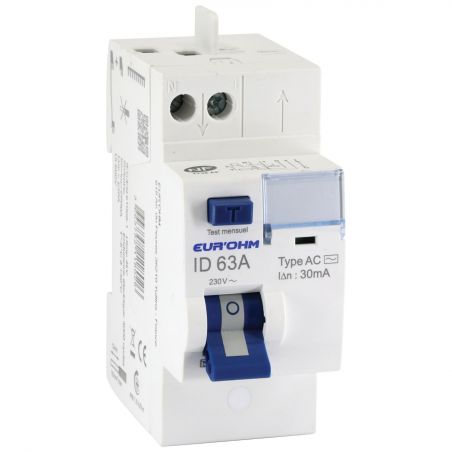 23463 EUR'OHM Interrupteur différentiel 63A 1P+N 30mA connexion haut/haut rapide type ACNF