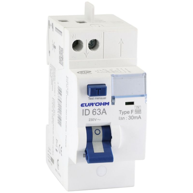 23663 EUR'OHM Interrupteur différentiel 63A 1P+N 30mA connexion haut/haut rapide type ASI (type F)NF