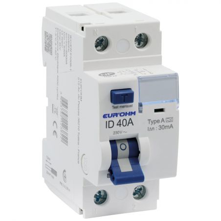 23840 EUR'OHM Interrupteur différentiel 40A 1P+N 30mA connexion haut/bas vis type ANF
