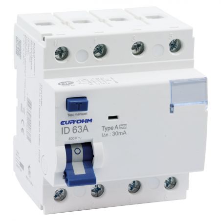 23863 EUR'OHM Interrupteur différentiel 63A 3P+N 30mA connexion haut/bas vis type ANF