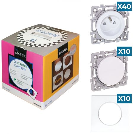 60285 EUR'OHM SQUARE Pack Starter 40 prises + 10 va et vient + 10 plaques simples blanc