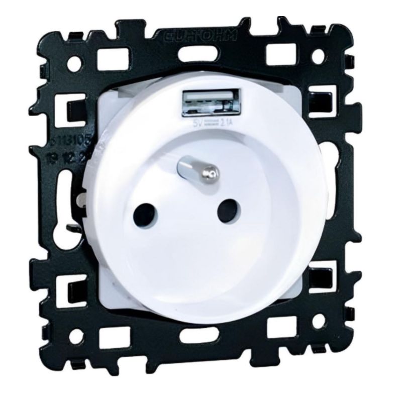 60256 EUR'OHM SQUARE Prise de courant 2P+T + USB A blanc